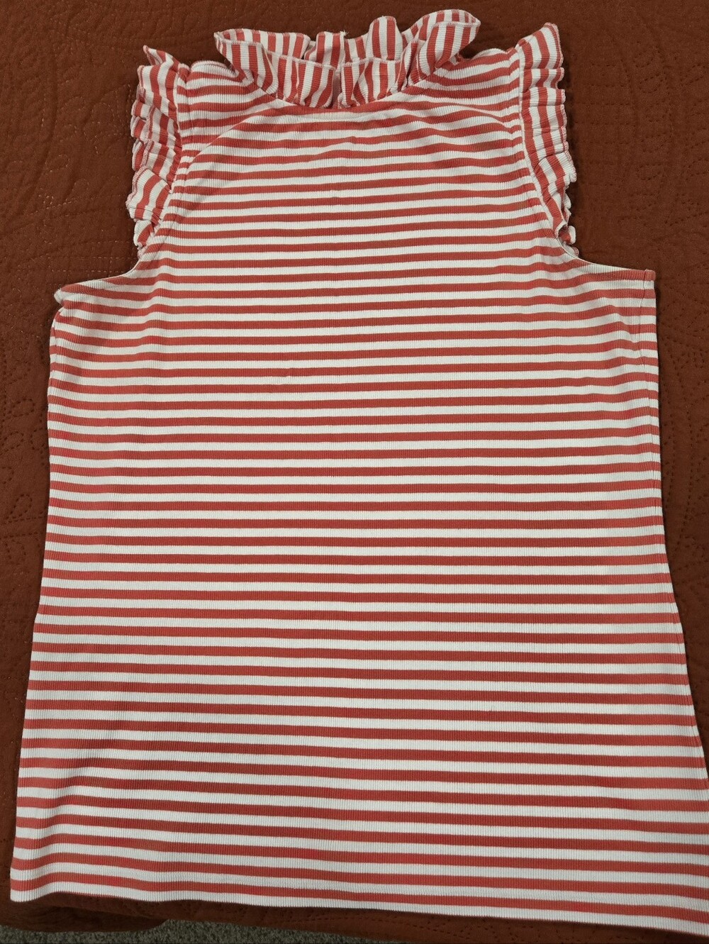 Women’s Coral and White Stripe Ruffle Mock Neck Tank Top